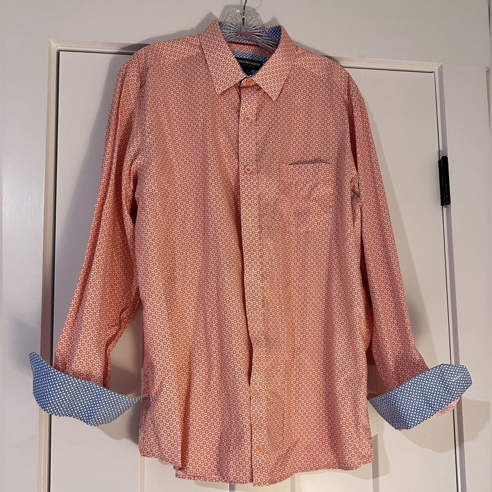 Johnston & Murphy Men's Coral & Blue Patterned Button Down Shirt M long sleeved